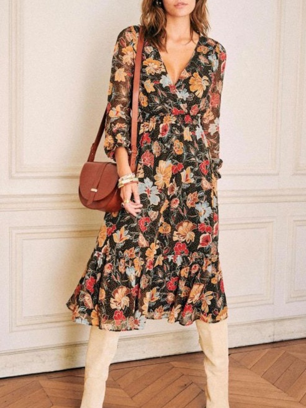 SEZANE Brow Red Blue Yellow Fall Floral Printed Long Sleeve Chiffon Midi Dress